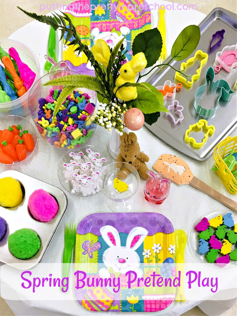 A super fun bunny dramatic play invitation that is quick and easy to set up. It's perfect for an Easter or spring theme.