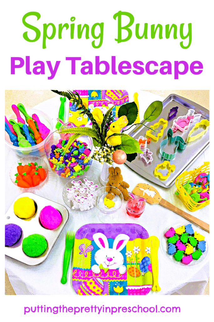 Set up this super colorful spring bunny play tablescape in minutes. Bunny-themed loose parts take center stage in the setup.