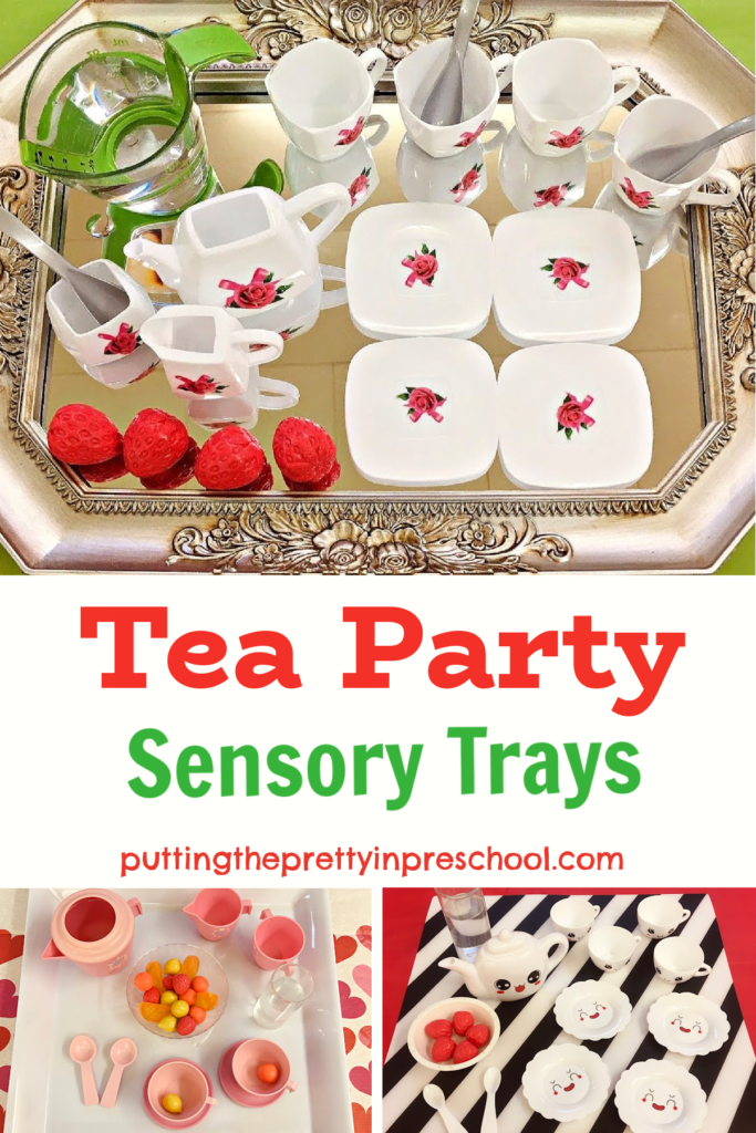 Easy-to-set-up tea party sensory trays for water or rice bin play. Miniature tea sets are the highlights of the sensory play.