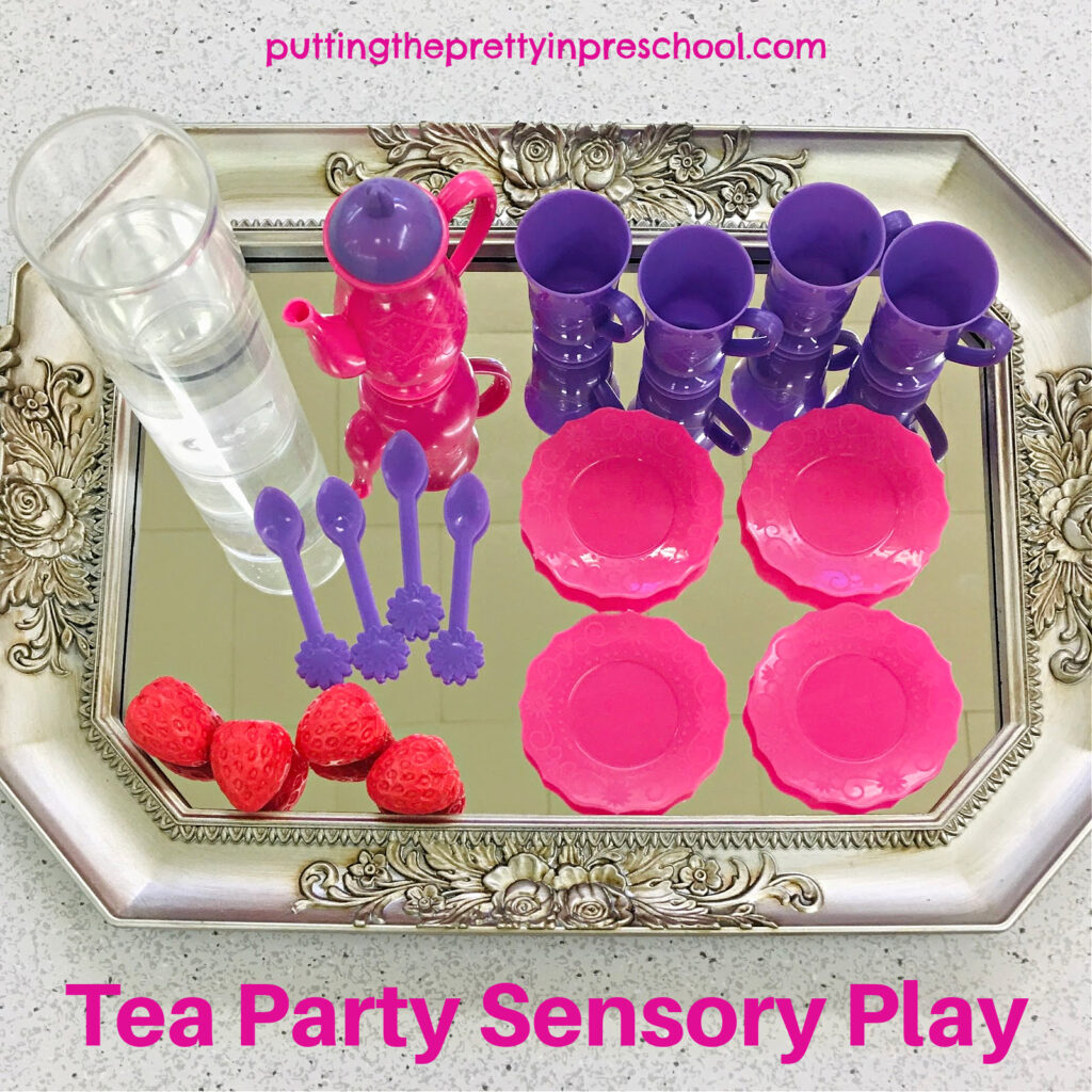 Tea party water play is extra inviting with a miniature tea set on this silveredged gilded mirror tray.