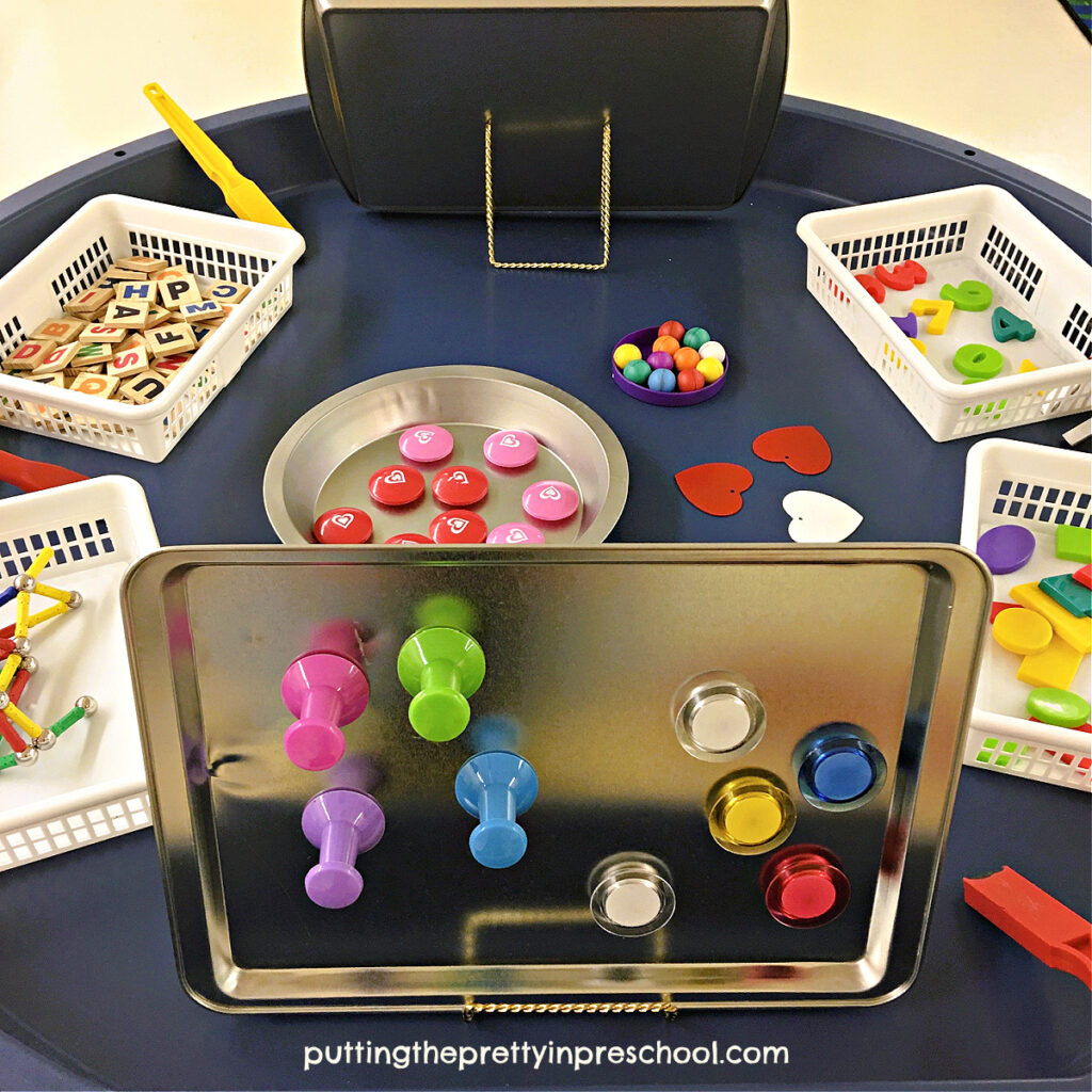 Set up this simple magnet exploration tuff tray in minutes to offer your little learners a hands-on magnet science activity to explore.