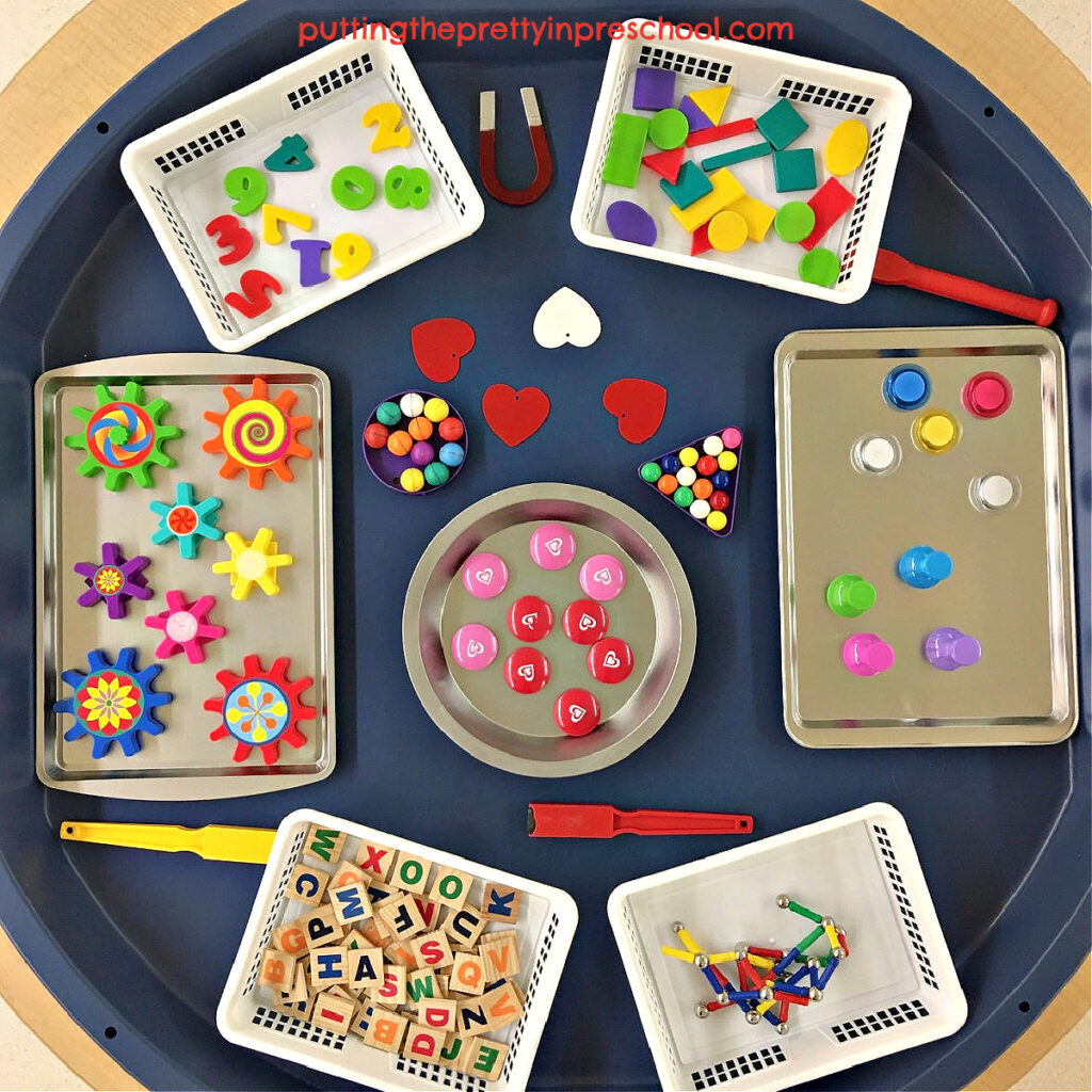 How to set up an easy magnet science tuff tray. A simple, hands-on science center your little learners will love to explore.