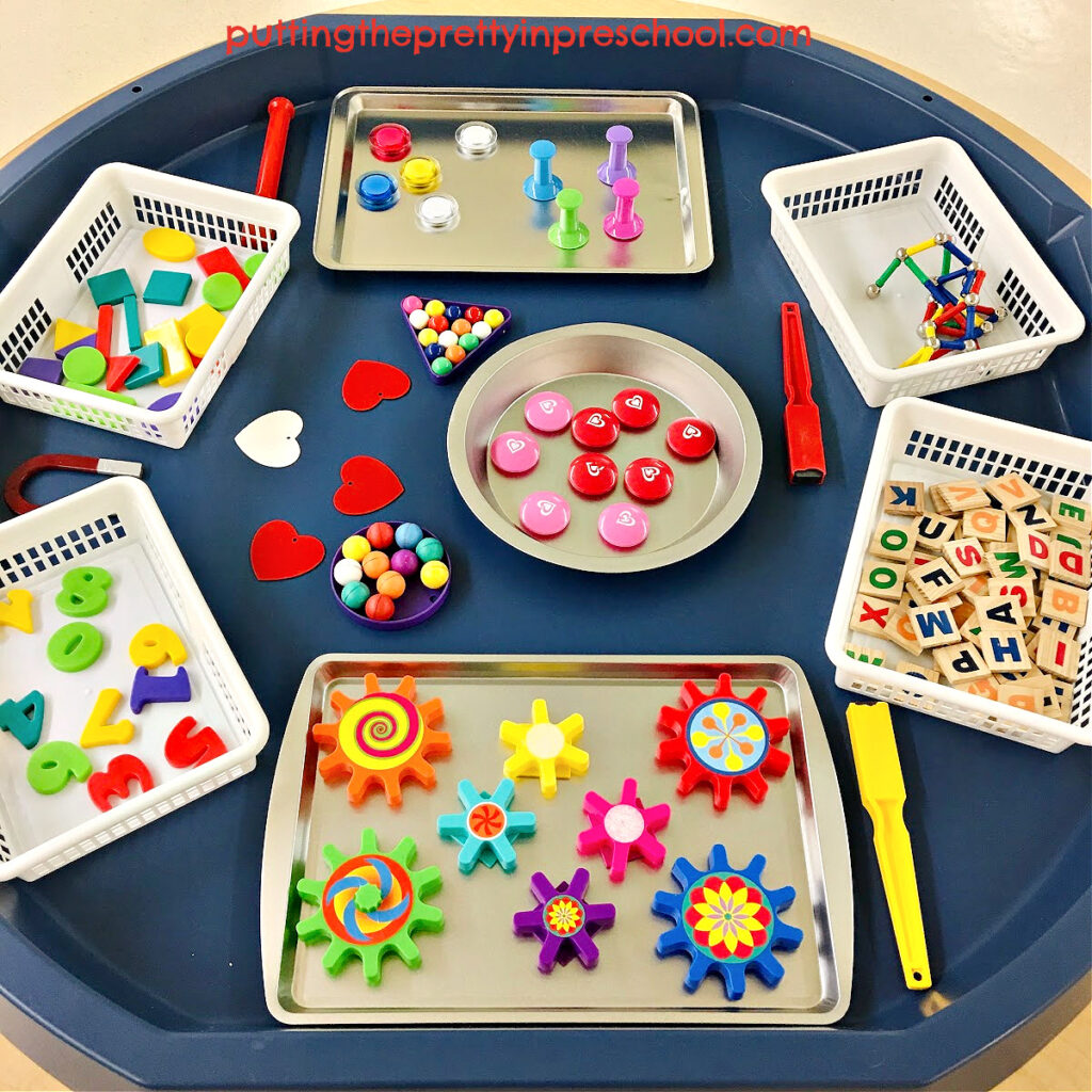 A simple magnet science active world tuff tray for early learners to explore. An easy set up and clean up activity center.