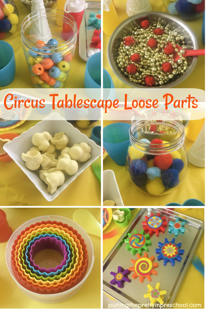 Bright and cheery loose parts add plenty of color to a super fun circus pretend play tablescape your little learners will absolutely love.
