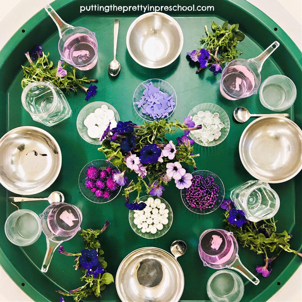 A nature-based sensory tray with petunia flower sprigs and pretty purple and white loose parts for tactile exploration.