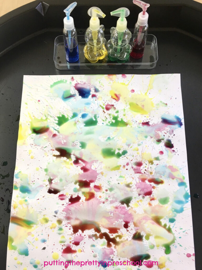 Just a few supplies will get your little learners off and painting in this pump bottle watercolor art activity. A fun, process art project.