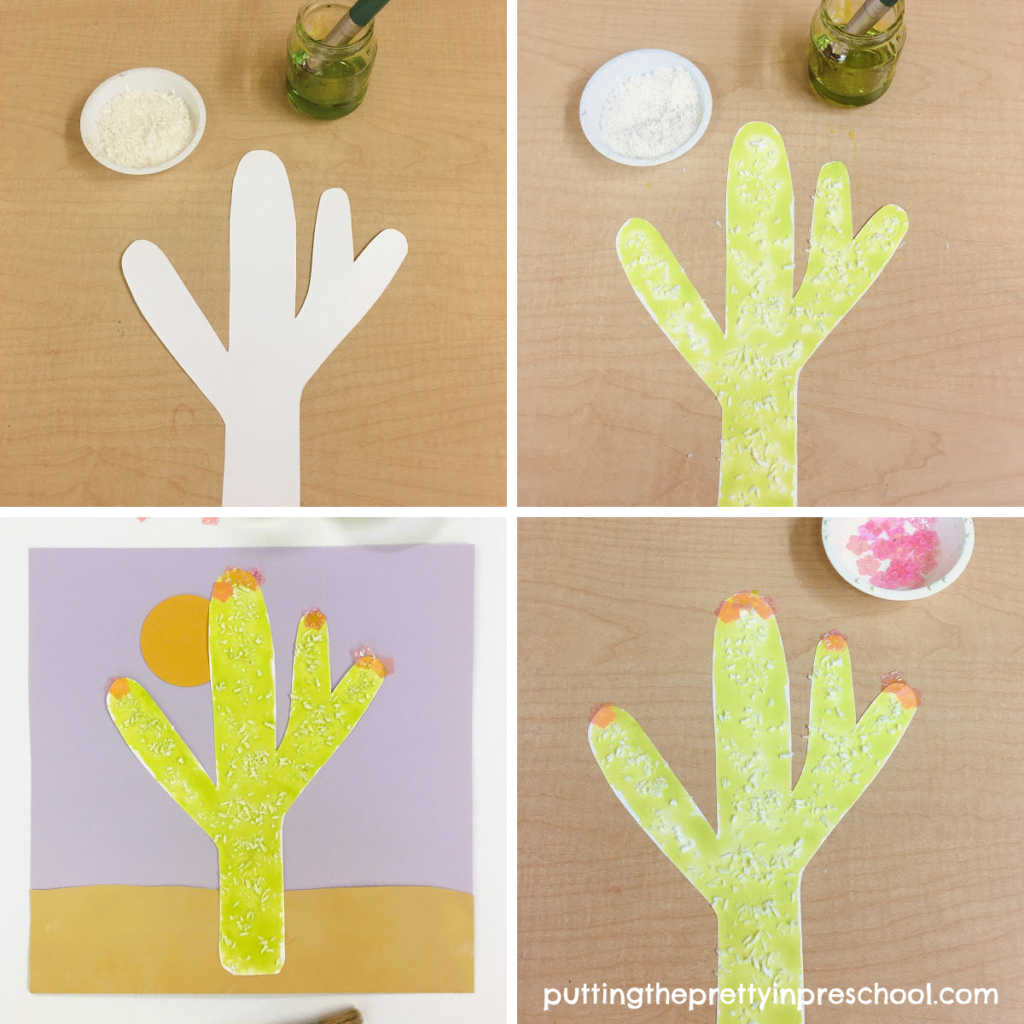 Steps to make a shiny saguaro cactus art project using only a few supplies. An all-ages easy-to-do art project.