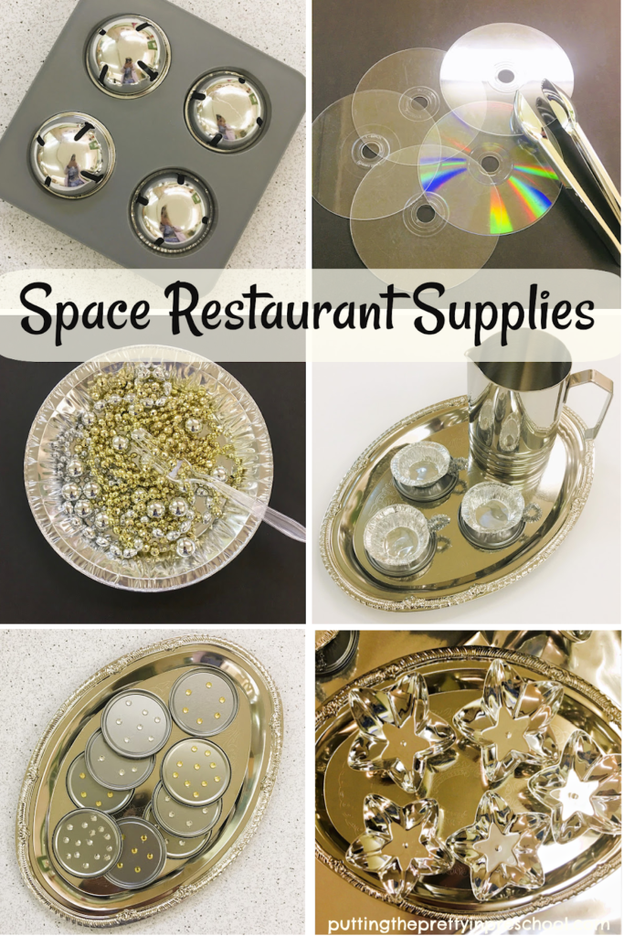 Gather a variety of metallic silver and gold loose parts to set up a space restaurant dramatic play center.