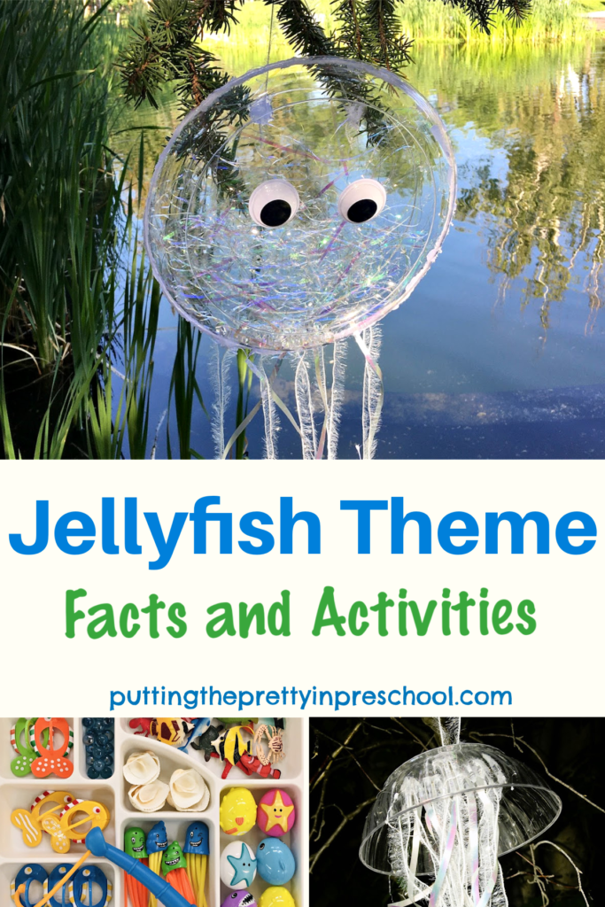 Jellyfish theme with art, math, scissor skill, water play, and light table activities. Interestng jellyfish facts and free printables included.