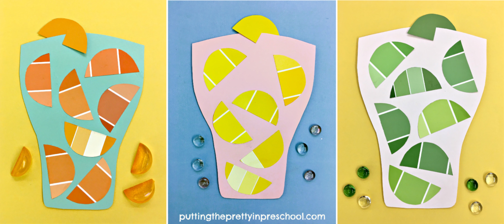 Create a cute paper drink craft with orange, yellow, and green paint chip fruit slices glued onto drinking glass shapes.