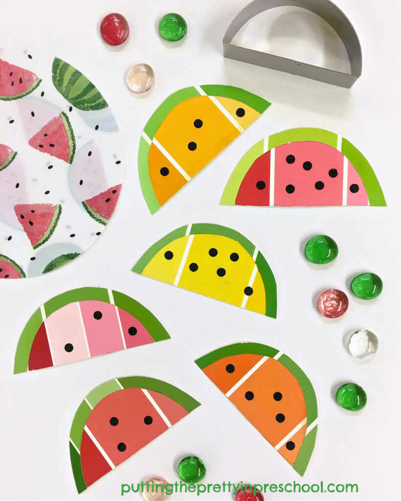 Create beautiful watermelon art with paint chip samples. The colorful watermelon slices can be used in many different activities.