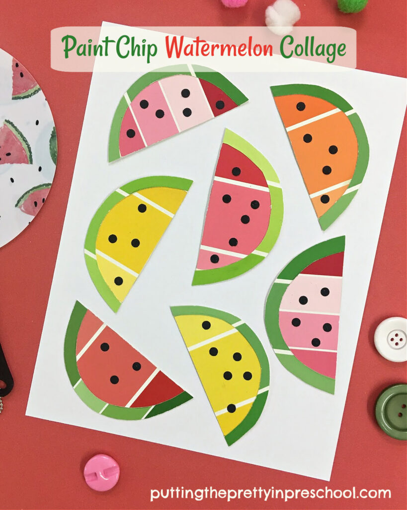 Craft watermelon slices with paint chip samples and use them in a pretty watermelon collage. A beautiful. all-ages art activity.