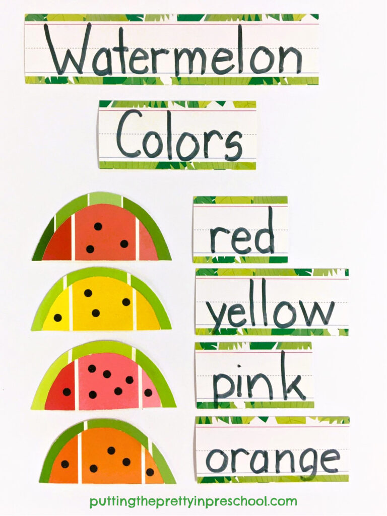 Paint chip watermelon art used in a fruity color chart where little learners can practice matching color words to watermelon slices.