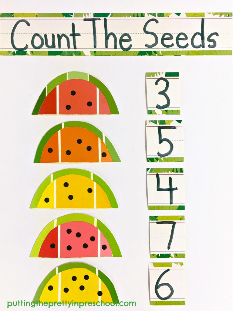 Paint chip watermelon slices shine in this fruity math chart where little learners can count the seeds and add the corresponding number.