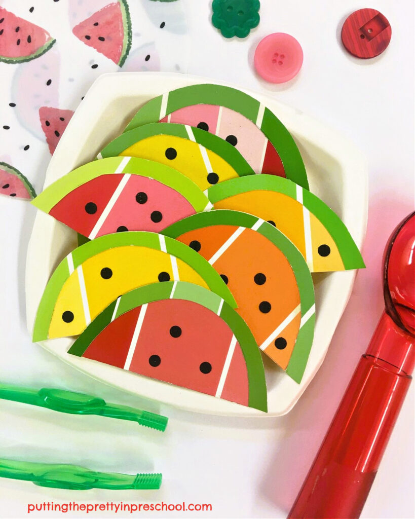 Paint chip watermelon slices make attractive play food for a pretend play kitchen.