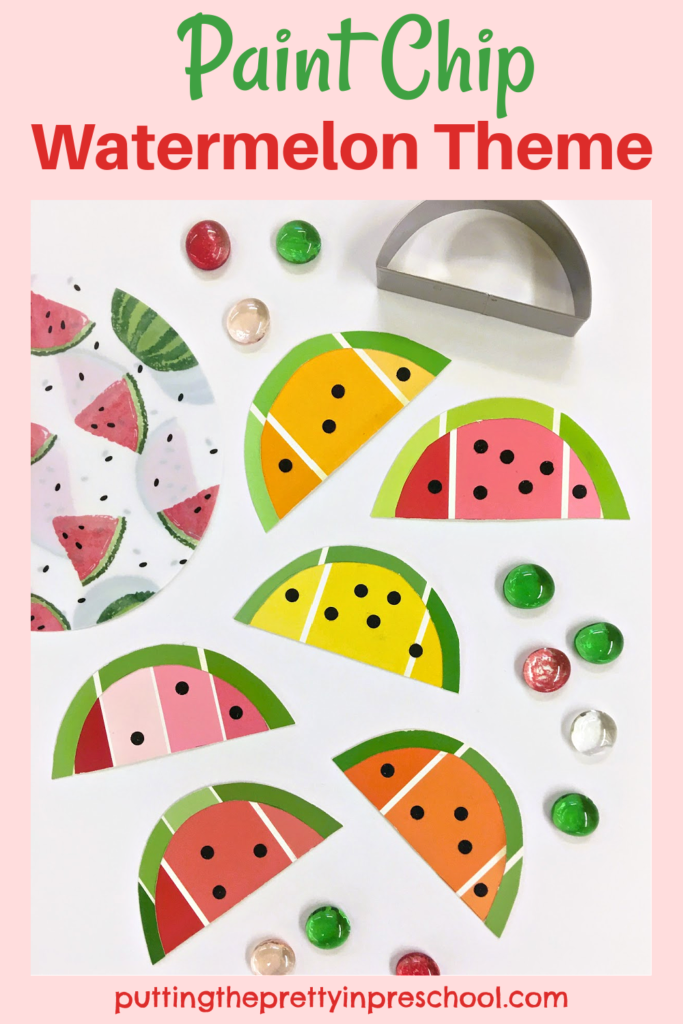 Ideas to include paint chip watermelon slices in math, color recognition, art, dramatic play, and manipulative activities for early learners.