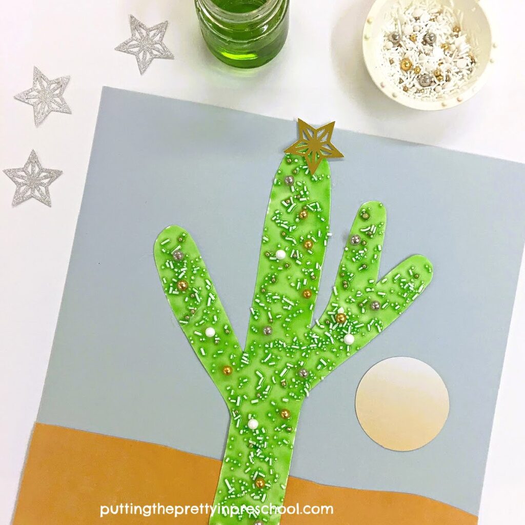 Use supplies you have in your kitchen to decorate a saguaro cactus as a Christmas tree. An all-ages art activity everyone will love.