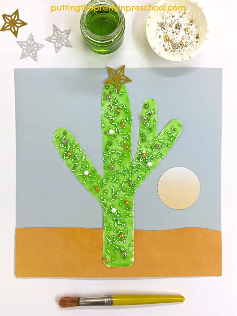 Use supplies you have in your kitchen to decorate a saguaro cactus as a Christmas tree. An all-ages art activity everyone will love.