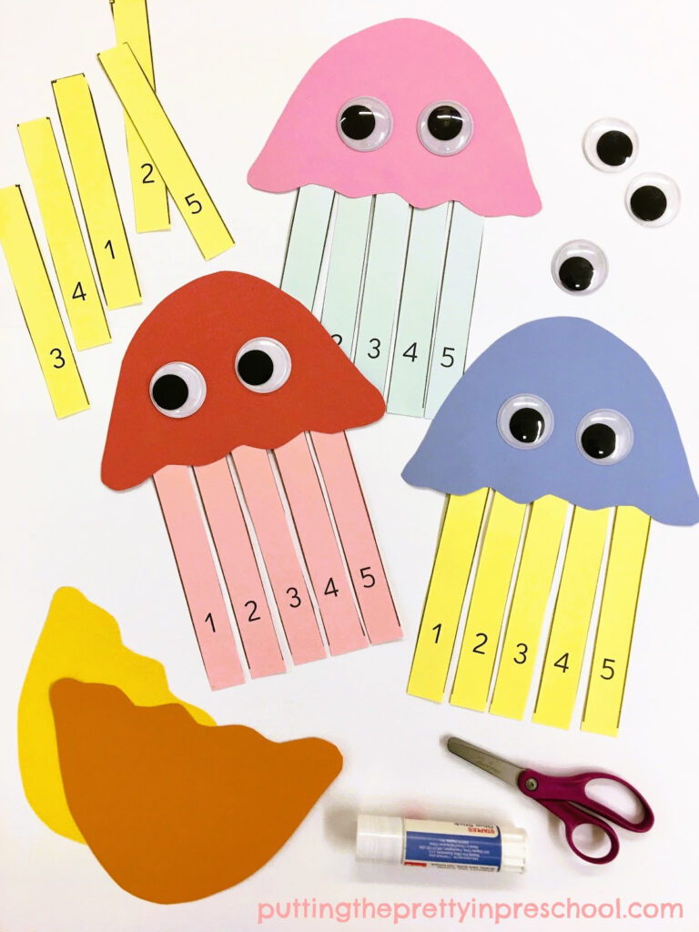 Invite little learners to practice scissor skills and math concepts by completing a paper craft jellyfish with numbered tentacles.