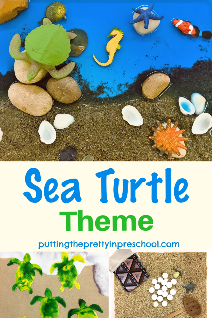 Sea turtle theme with facts and hands-on activities to share with early learners. Art, math, dramatic play, and sensory activities are included.