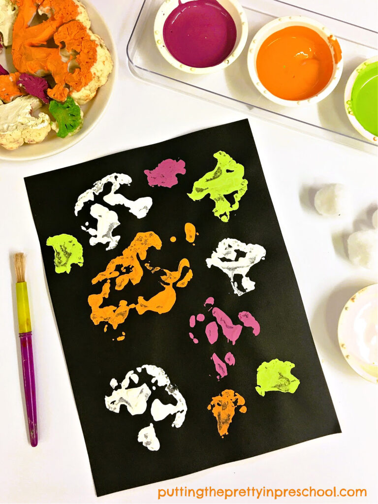How to make vegetable prints with cauliflower florets and orange, purple, green, and cream tempera paints.