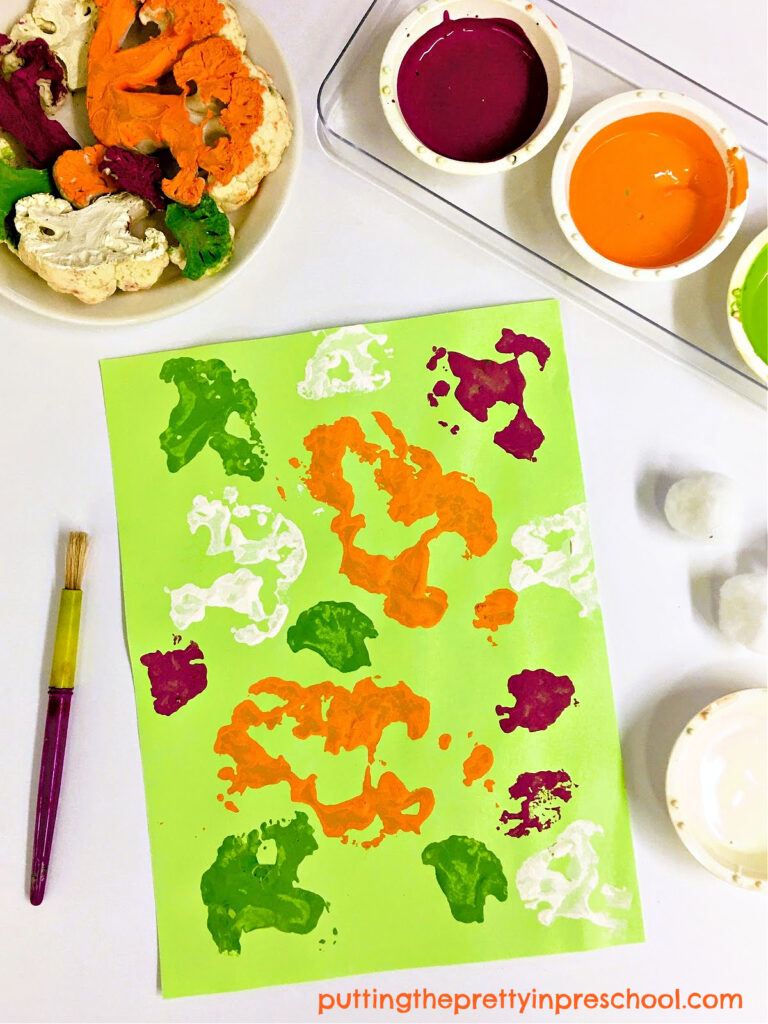 How to make vegetable prints with cauliflower florets and orange, purple, green, and cream tempera paints.