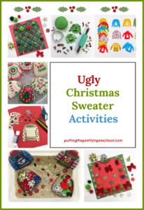 Ugly Christmas sweater activities for young children and their families. Art, sensory, playdough, games, and cookie making.