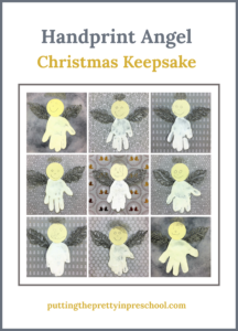Handprint Angel Christmas craft with silver metallic leaf wings. An easy to make keepsake craft that all children can do.
