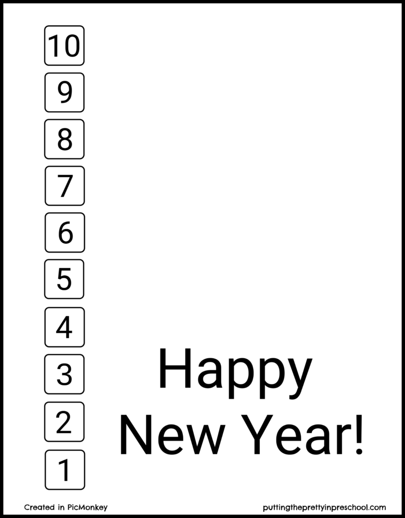 New Year's Countdown template to use for art and math activities with young children. Invitation to add paint print fireworks, count down from 10 t0 1 and match numbers.