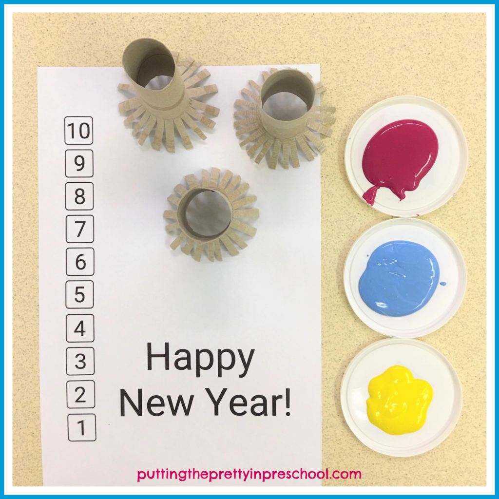 Ring in the new year with your early learners by introducing an activity to make toilet roll and paint fireworks. Use the Happy New Year printable to count down from 10 to 1.