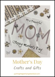 Mother's Day paper crafts with jewelry and decorative key chain accents. Art ideas all children can do.