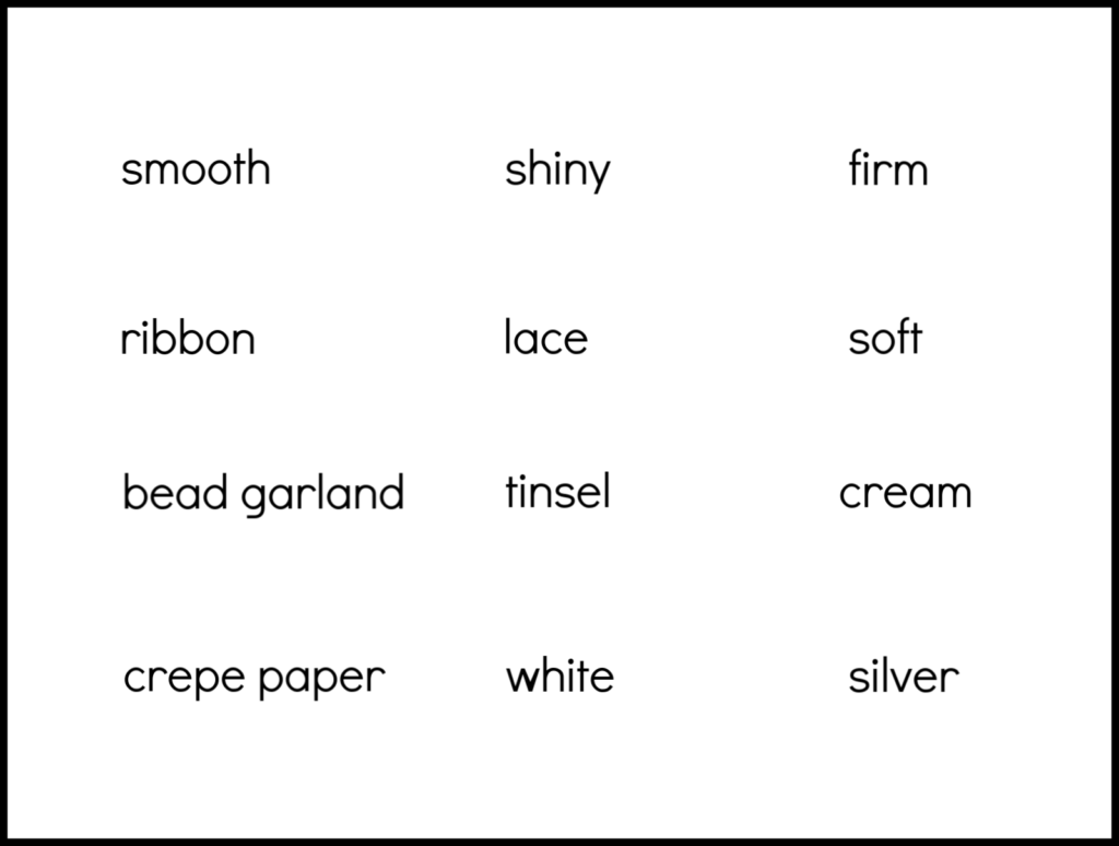 Descriptive words to describe craft supplies in a snow cutting tray.