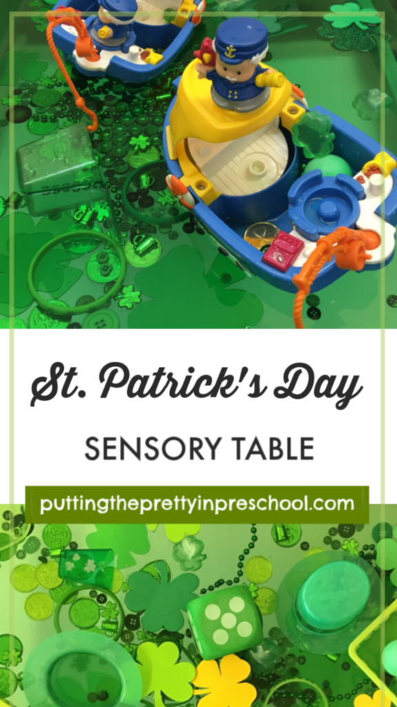 St. Patrick's Day sensory table inspired by the city of Chicago, USA. Green and shamrock themed loose parts invite sensory play opportunities.