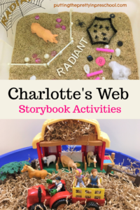 Charlotte's Web storybook activities. Sensory tubs, crafts, and games for children. Art, math, and language arts opportunities to learn.