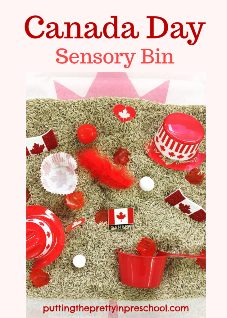 Canada Day rice-based sensory bin with red and white items perfect for little hands to explore.