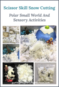 Invitation to cut craft supplies to make fake snow. The snow is featured in small world and sensory activities. Scissor skill practice for early learners.