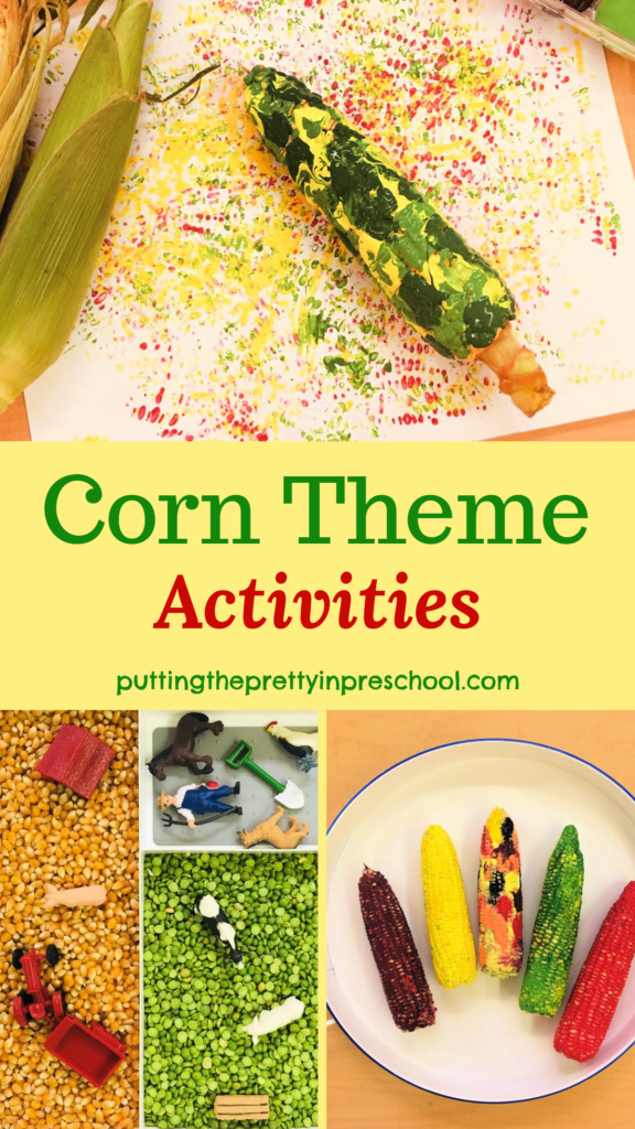 Corn theme activities perfect for autumn. Sensory and art setups inspired by a corn maze.