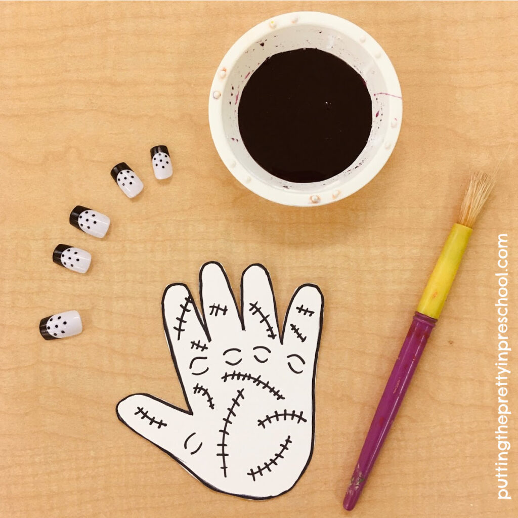 Supplies needed to create a purple spooky hand with stitches.
