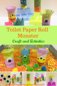 Toilet paper roll monster craft and activities. Easy to make watercolor painted monsters to use with stacking blocks or a red split lentil-based sensory bin.