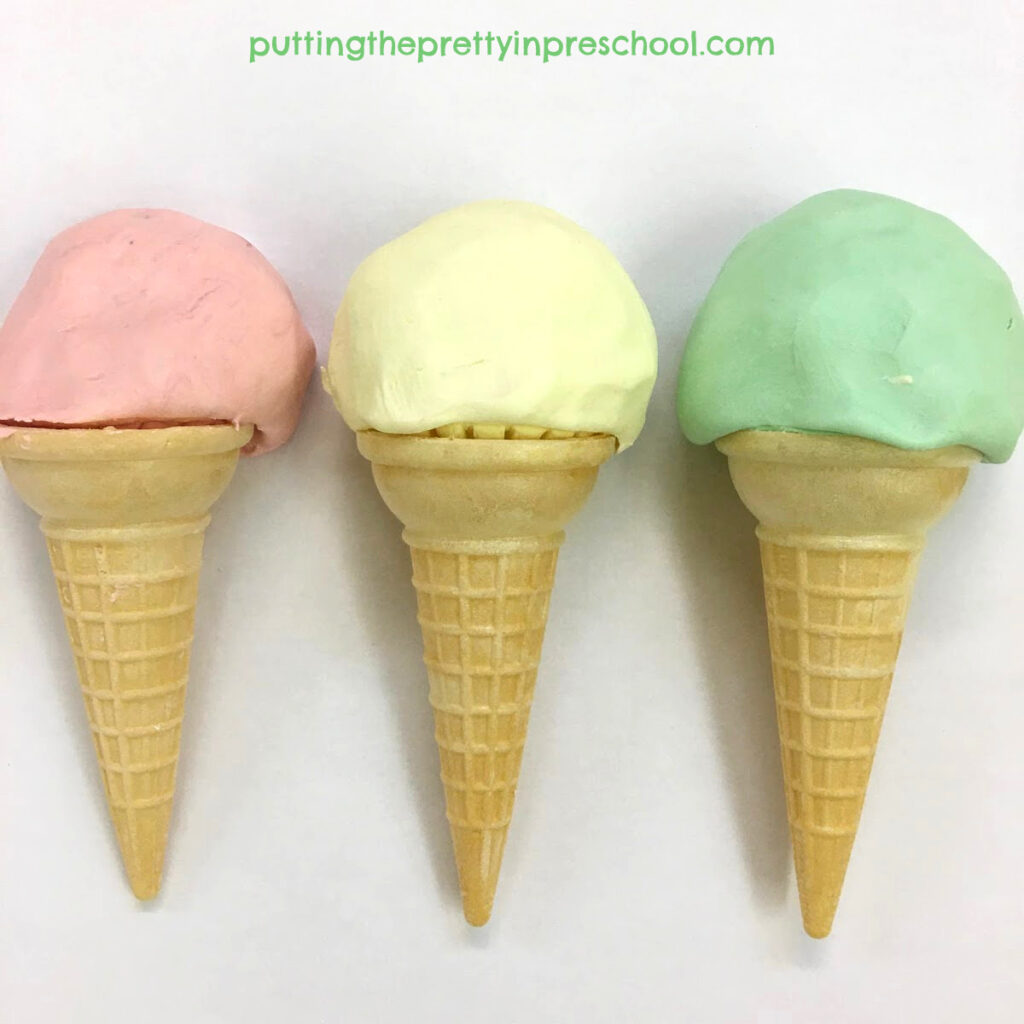 Ice cream cones created with scented, two-ingredient playdough and accessories.