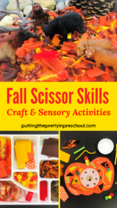 Fall scissor skills activities with invitations to cut textured craft supplies for a pumpkin collage or a forest sensory tray.