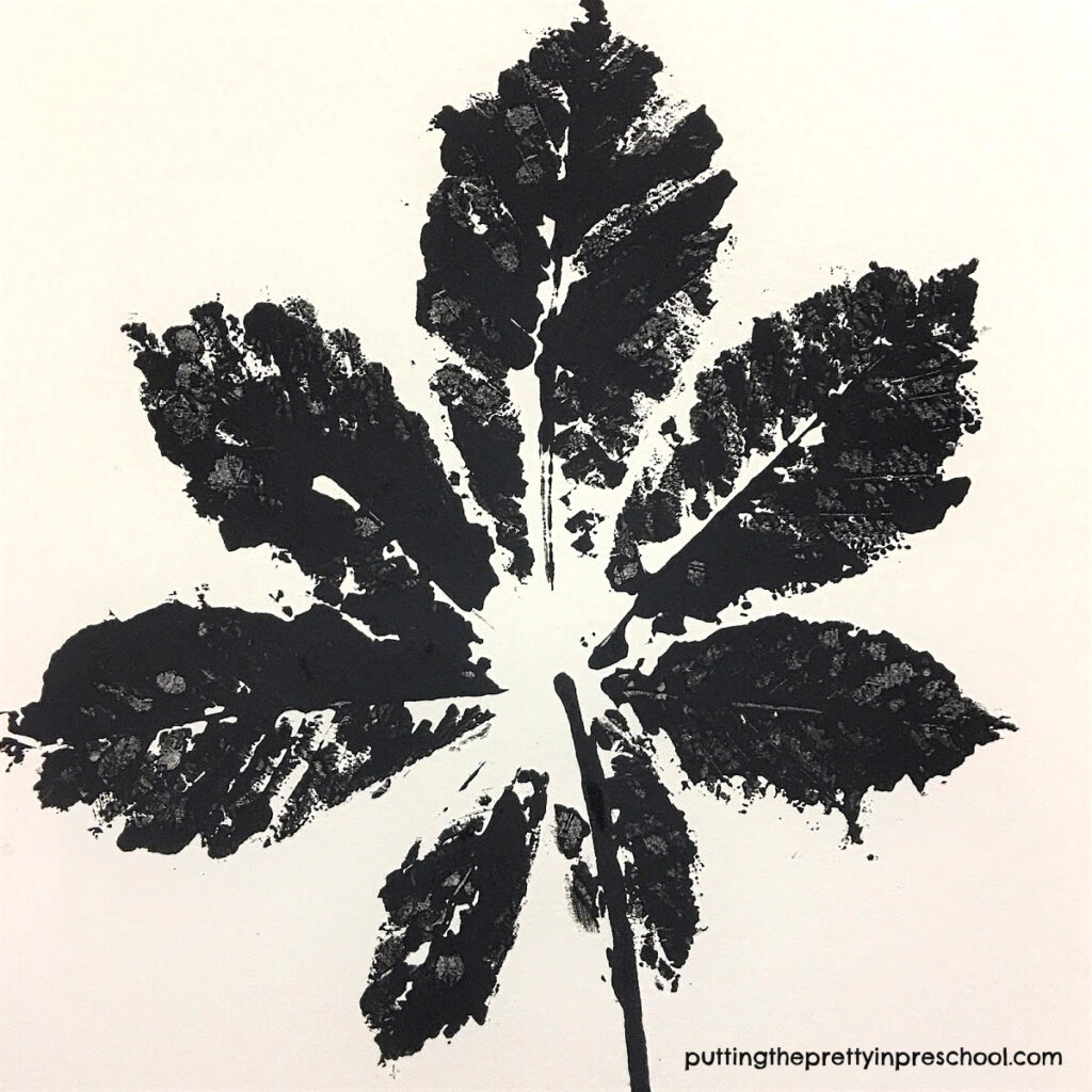 Horse chestnut leaf paint print in a black and white color scheme.