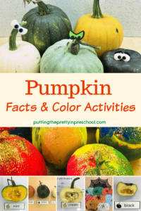 Pumpkin facts and color activities. Anatomy, color matching, and art activities.