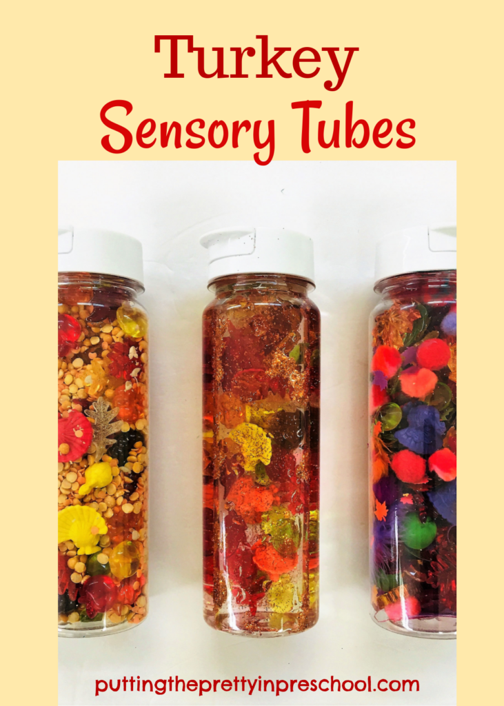 "Spot The Turkey" sensory tubes. Split pea and lentil base, glitter water base, and craft material base sensory tube ideas.