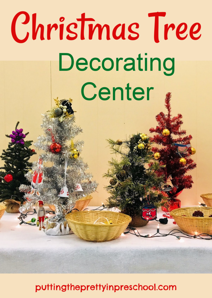 This festive Christmas tree decorating center for early learners features mini trees and child-friendly, nonbreakable decorations.