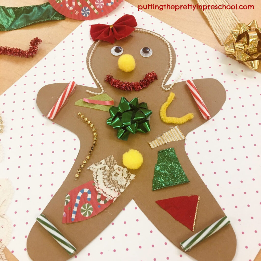 Gingerbread man decorated with Christmas-themed craft supplies.