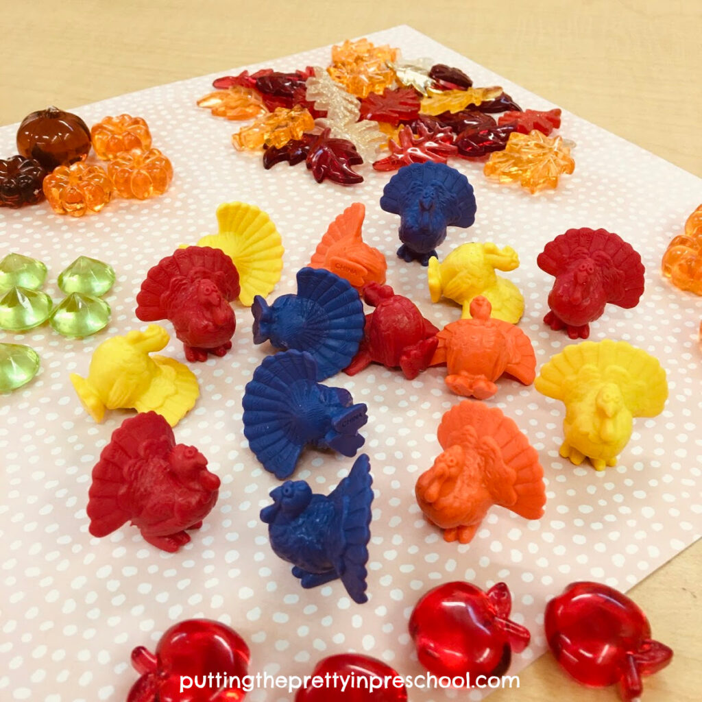 Turkey math counters and fall-themed loose parts.