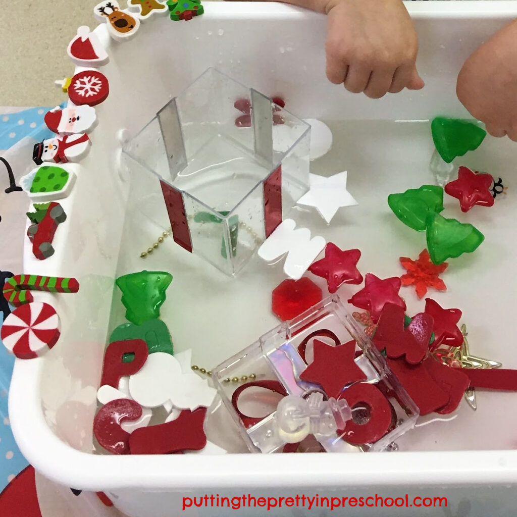 Christmas erasers are a stand out in this festive water sensory tub.