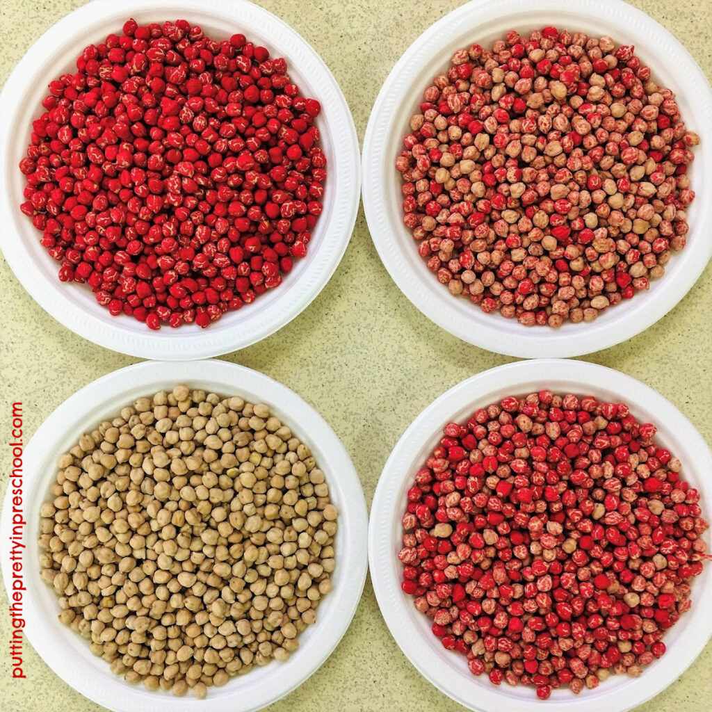 Chickpeas dyed with varying amounts of red acrylic paint.