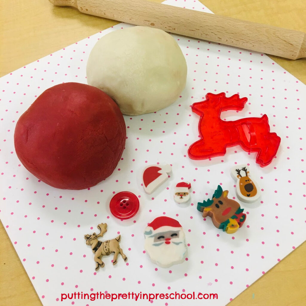 Santa Claus and reindeer playdough invitation with red and white playdough.